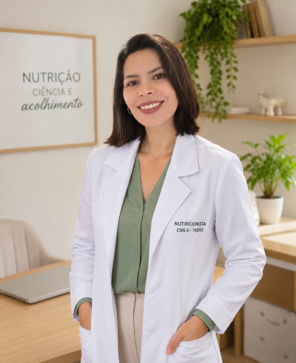 Priscila Schunck, nutricionista, sorrindo em seu consultório